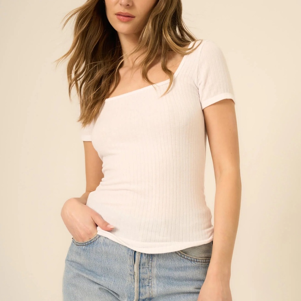 Alya Ribbed Square Neck Short Sleeve Tee Womens S casual stretchy